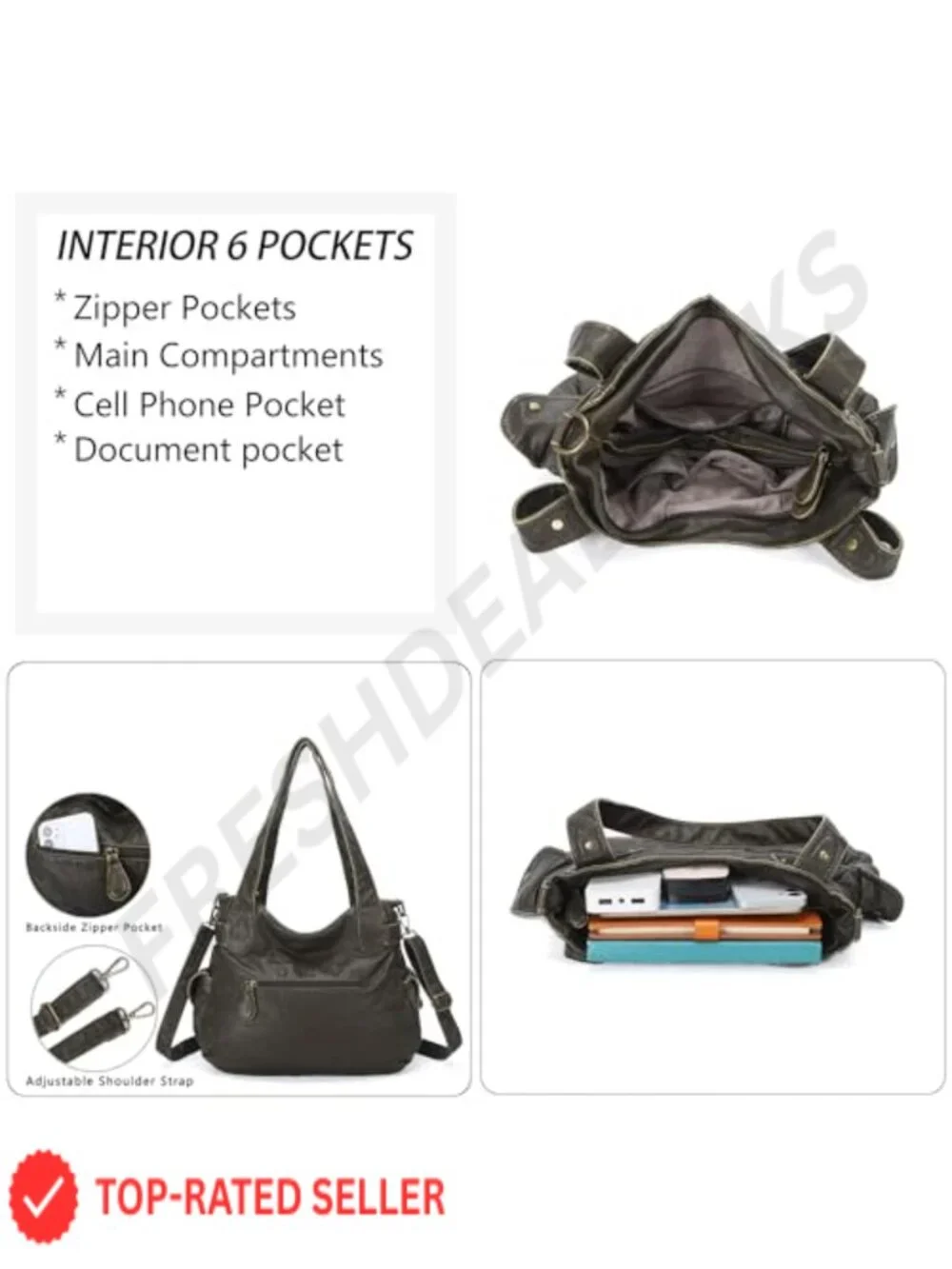 Large Washed PU Leather Hobo Tote Double Zipper Multi Pocket Shoulder Bag